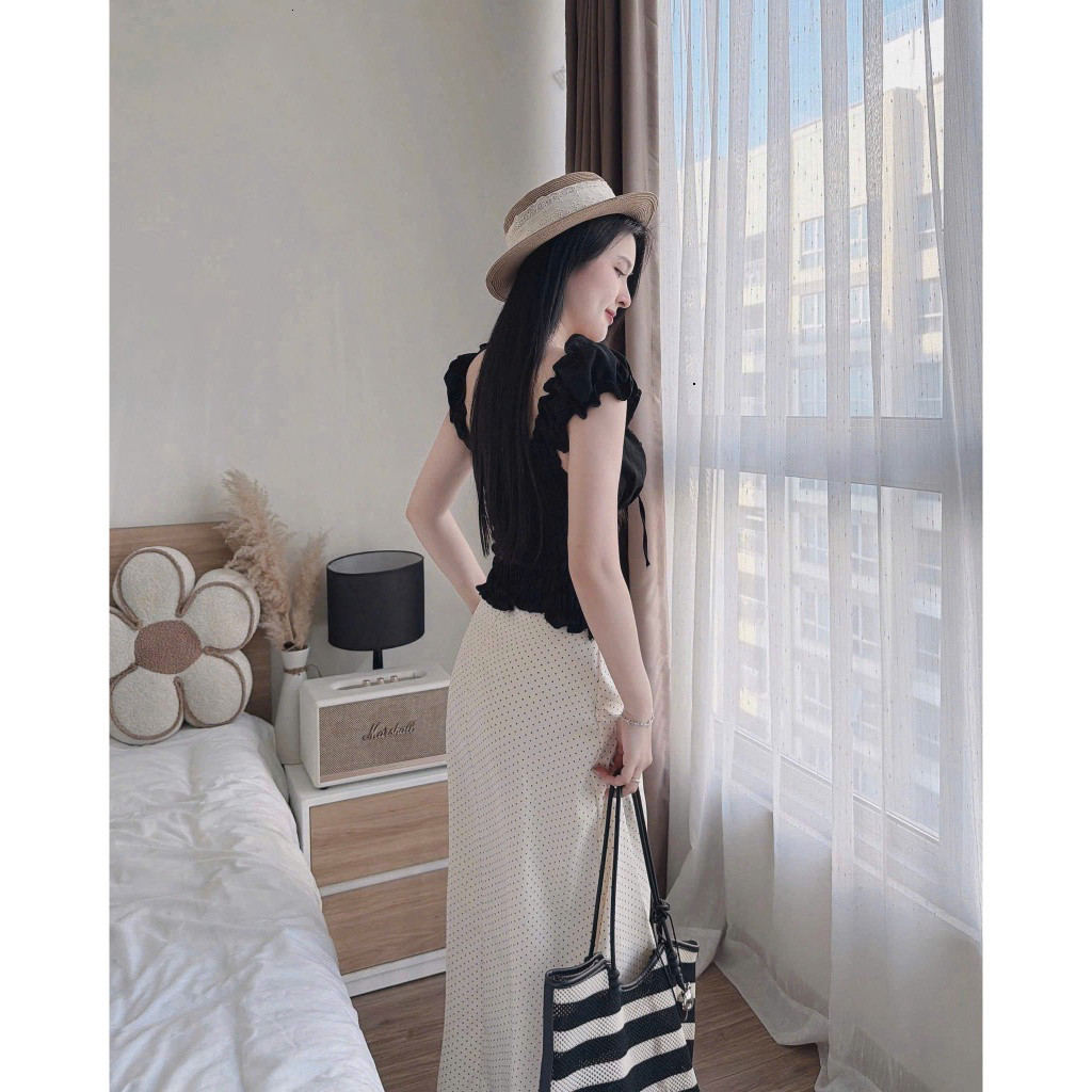 Set váy thời trang nữ style sang chảnh chất vải áo đũi tay búp cổ vuông phối chân váy cotton in chấm bi dáng đuôi cá dài