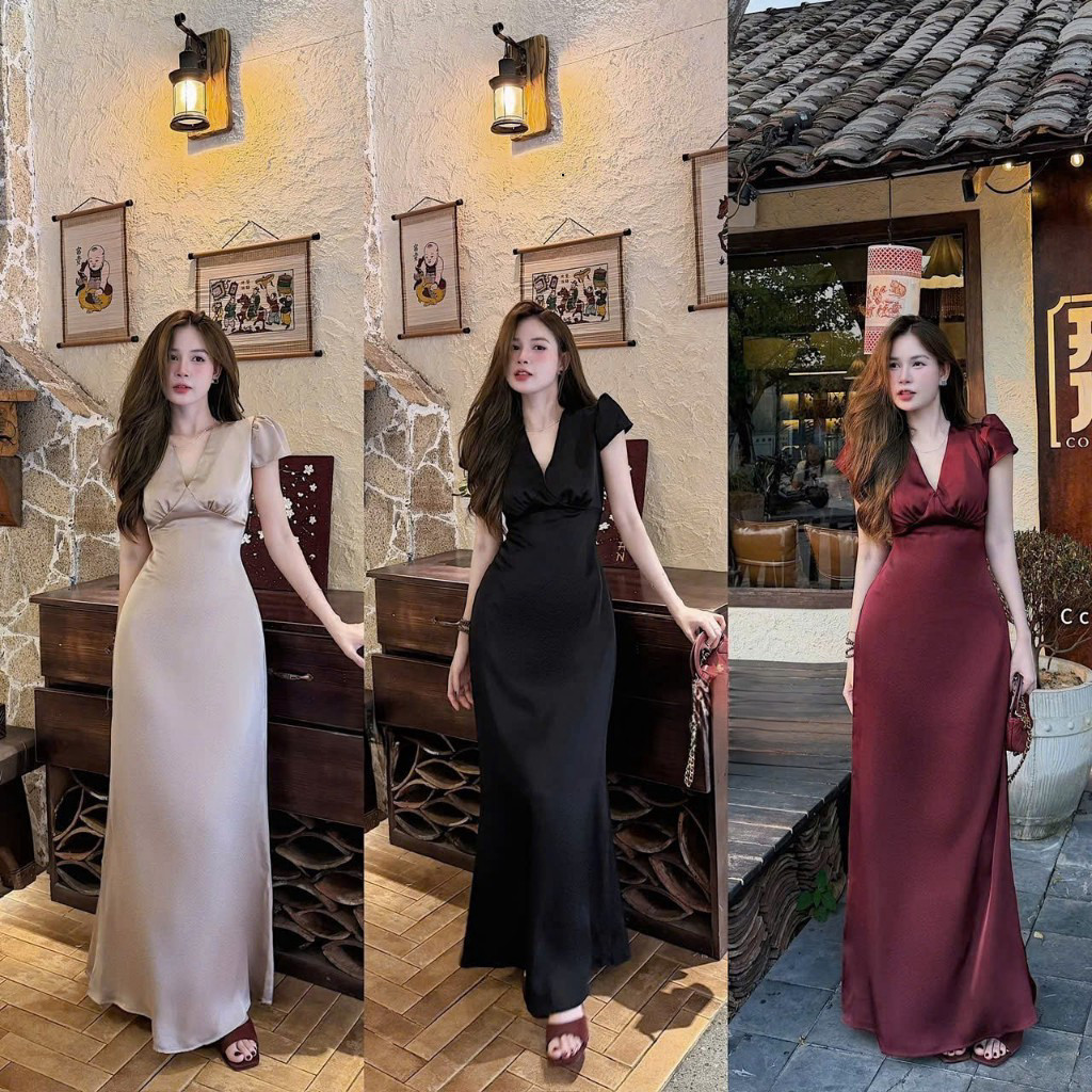 Đầm váy dài - Đầm váy nữ basic tôn dáng cho nàng tiệc trà, đi chơi, đầm tuyết nhung cổ v tay con có mút dáng dài đuôi cá