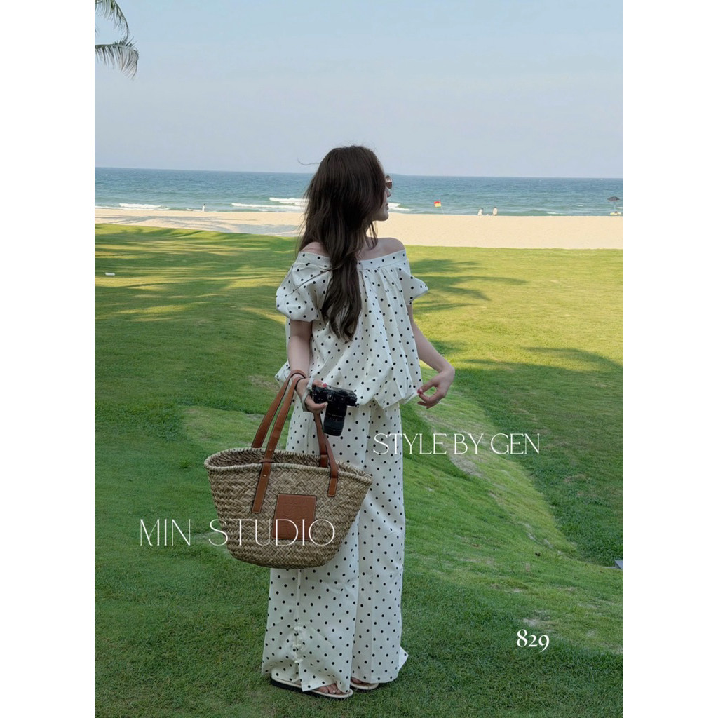 Set Bộ Chấm Bi Áo Ngắn Tay mix Quần Xuông Dài HoangThHa ( Sẵn hàng)