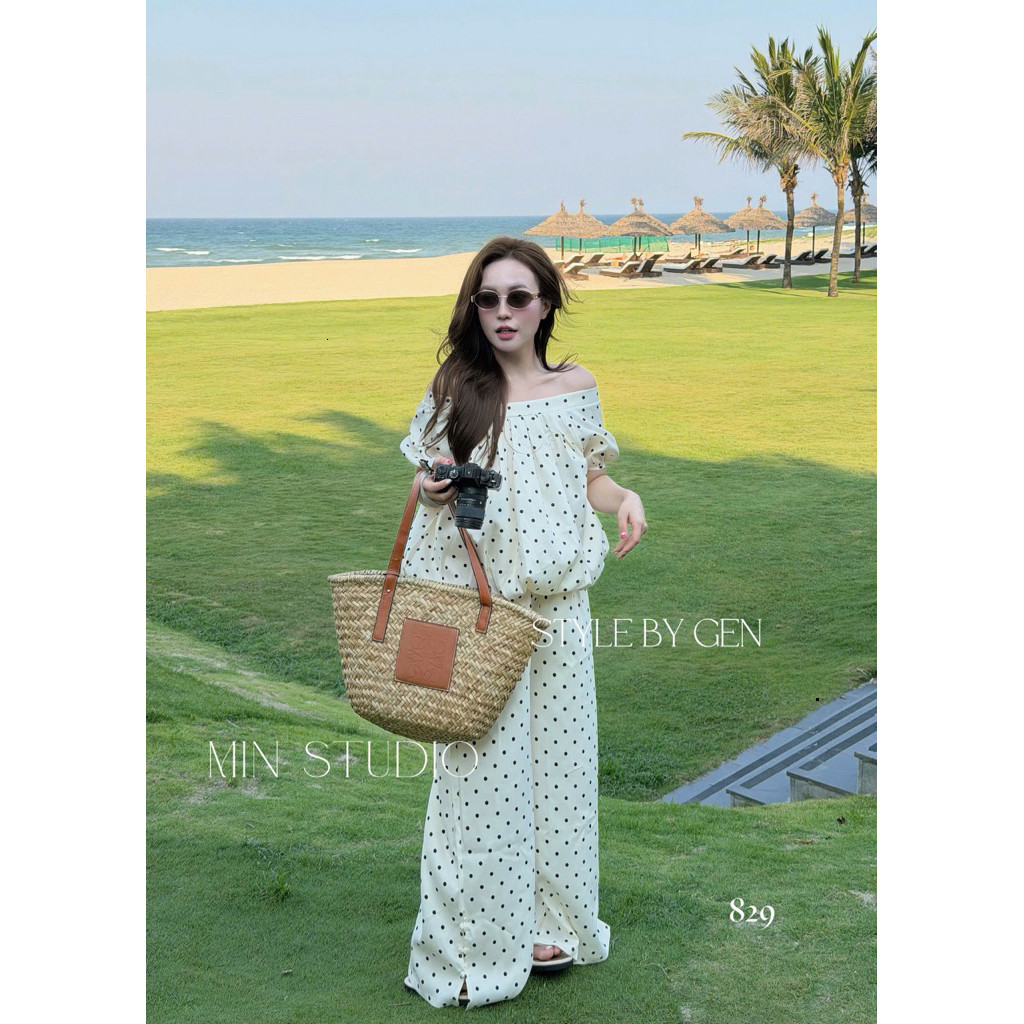 Set Bộ Chấm Bi Áo Ngắn Tay mix Quần Xuông Dài HoangThHa ( Sẵn hàng)