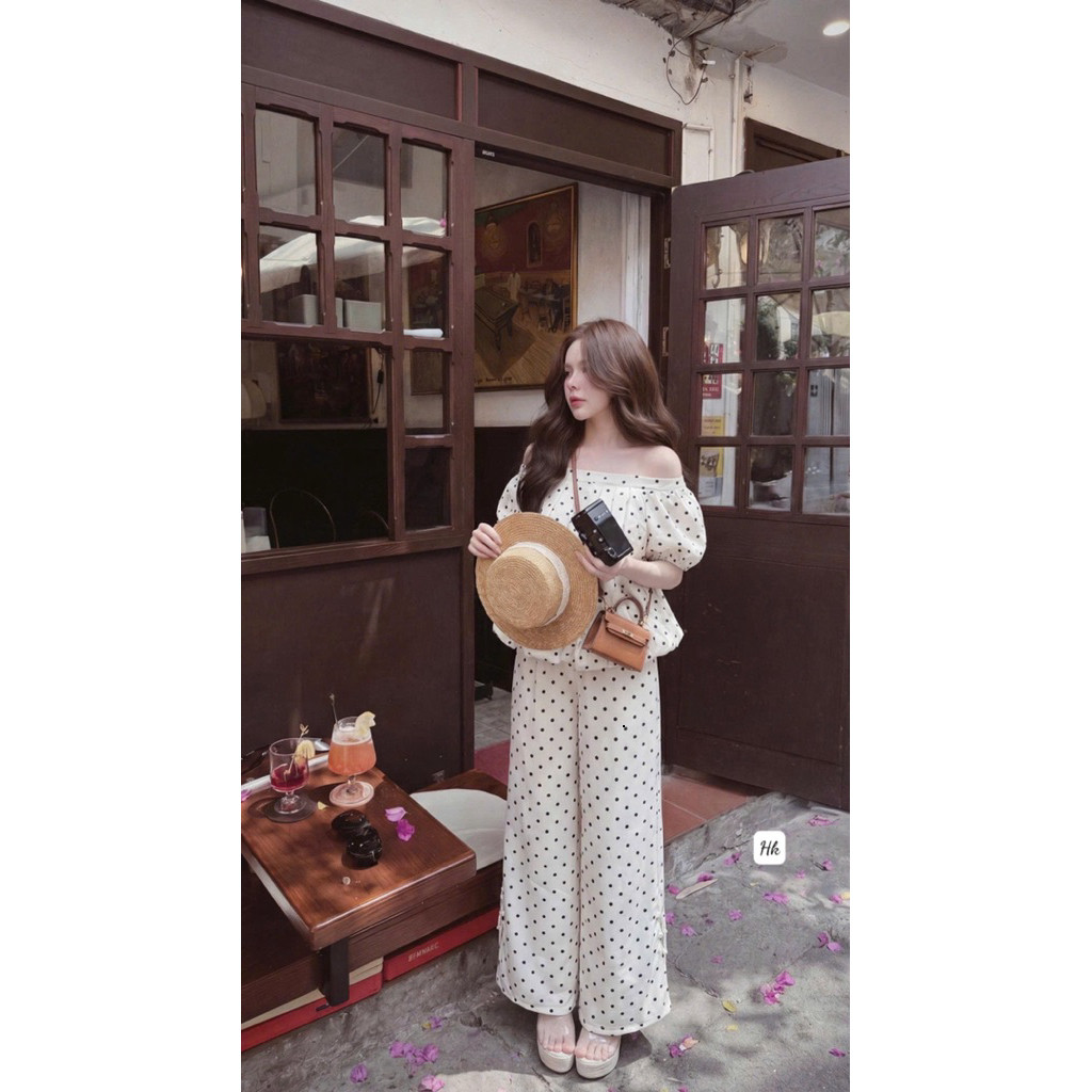 Set Bộ Chấm Bi Áo Ngắn Tay mix Quần Xuông Dài HoangThHa ( Sẵn hàng)