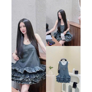 Dầm thời trang nữ kiểu dáng mới mẻ xinh xắn chất Jeans Quảng Châu cao cấp áo sát nách cổ chữ U váy mini dáng xếp tầng