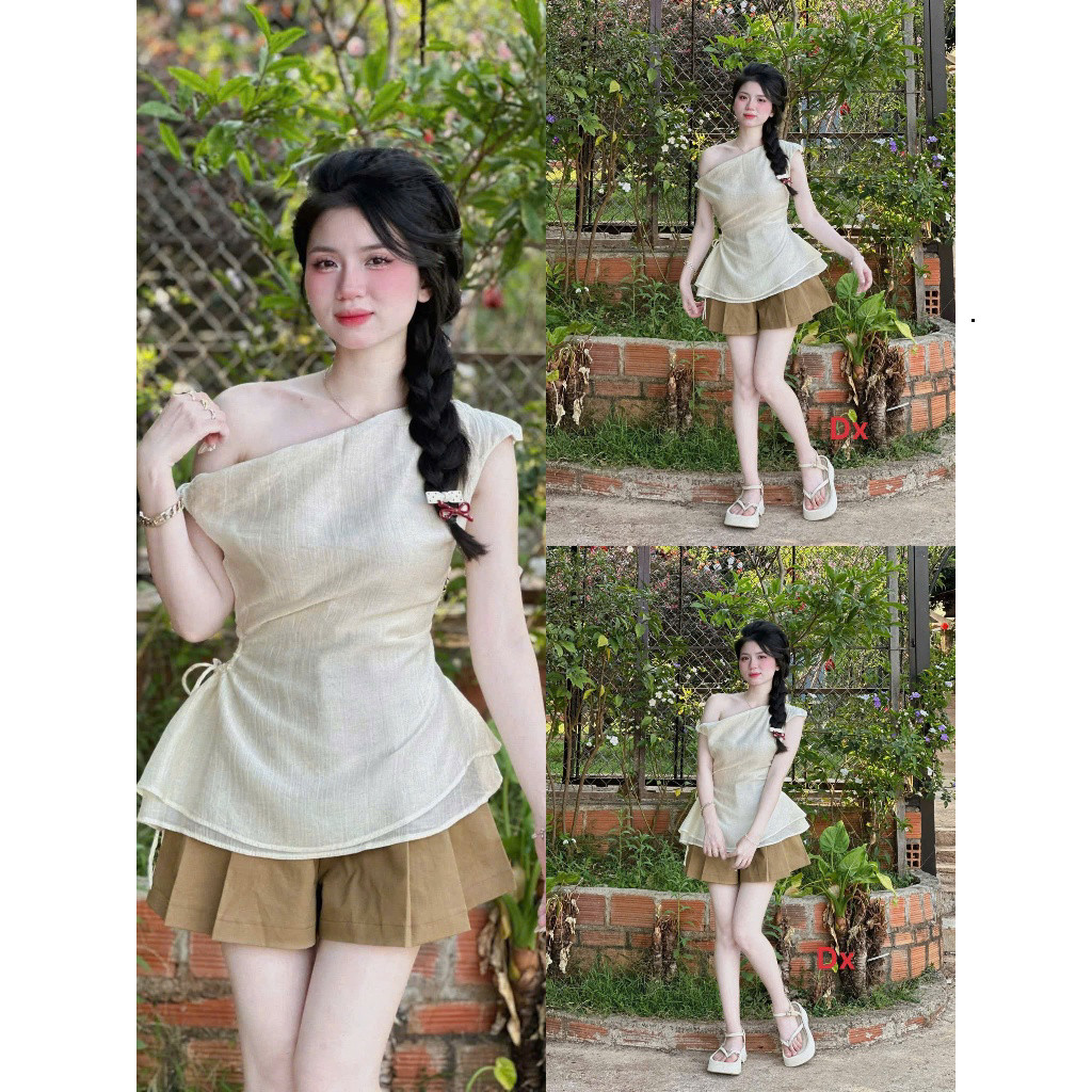 Set bộ thời trang nữ siêu dễ thương chất vải áo tơ lệch vai chiết eo nhẹ nhàng phối quần cotton hàn giả váy xinh