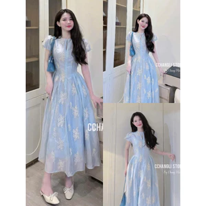 Đầm maxi thời trang nữ chất tơ nến tay búp cổ tròn nhấn eo váy dáng dài suông xòe họa tiết in hoa to