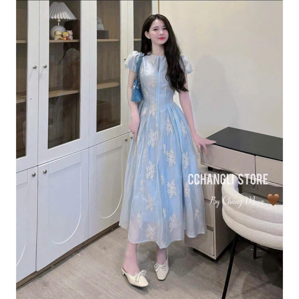 Đầm maxi thời trang nữ chất tơ nến tay búp cổ tròn nhấn eo váy dáng dài suông xòe họa tiết in hoa to