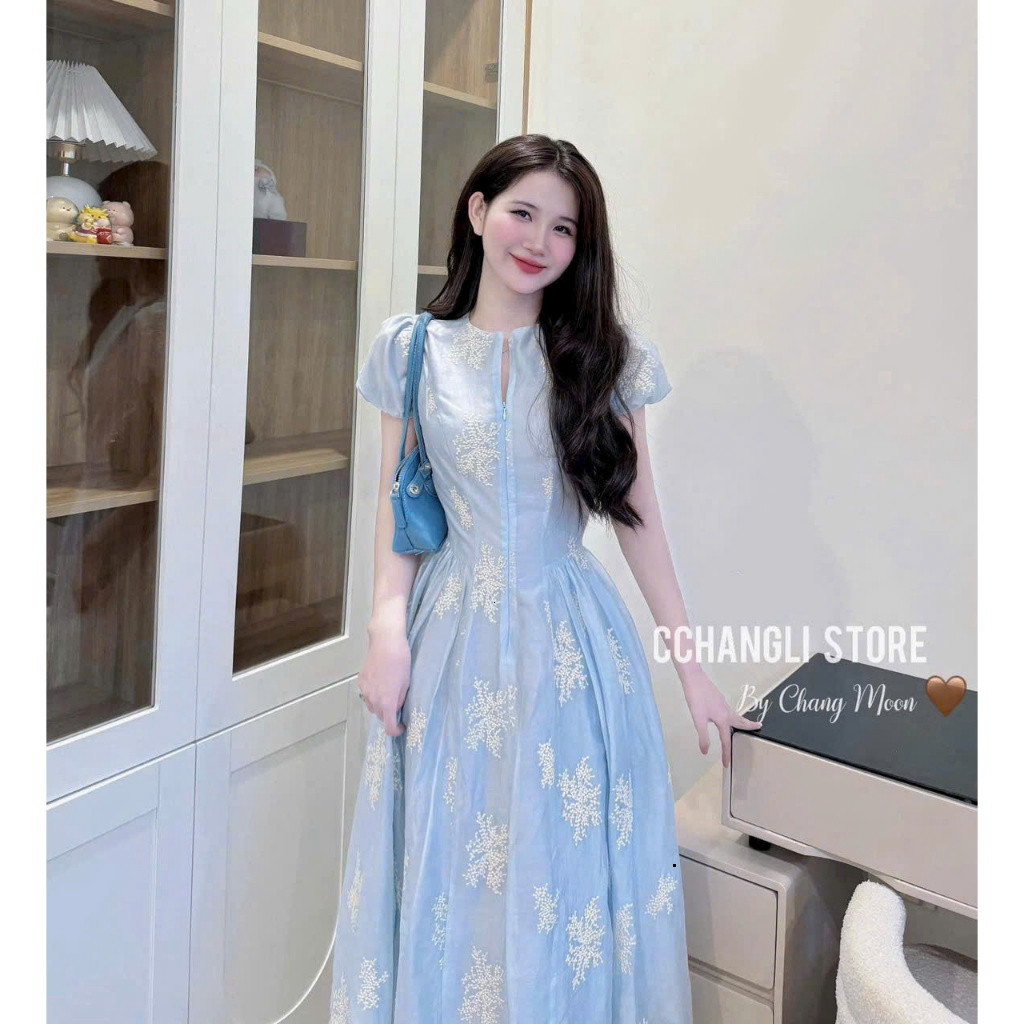 Đầm maxi thời trang nữ chất tơ nến tay búp cổ tròn nhấn eo váy dáng dài suông xòe họa tiết in hoa to