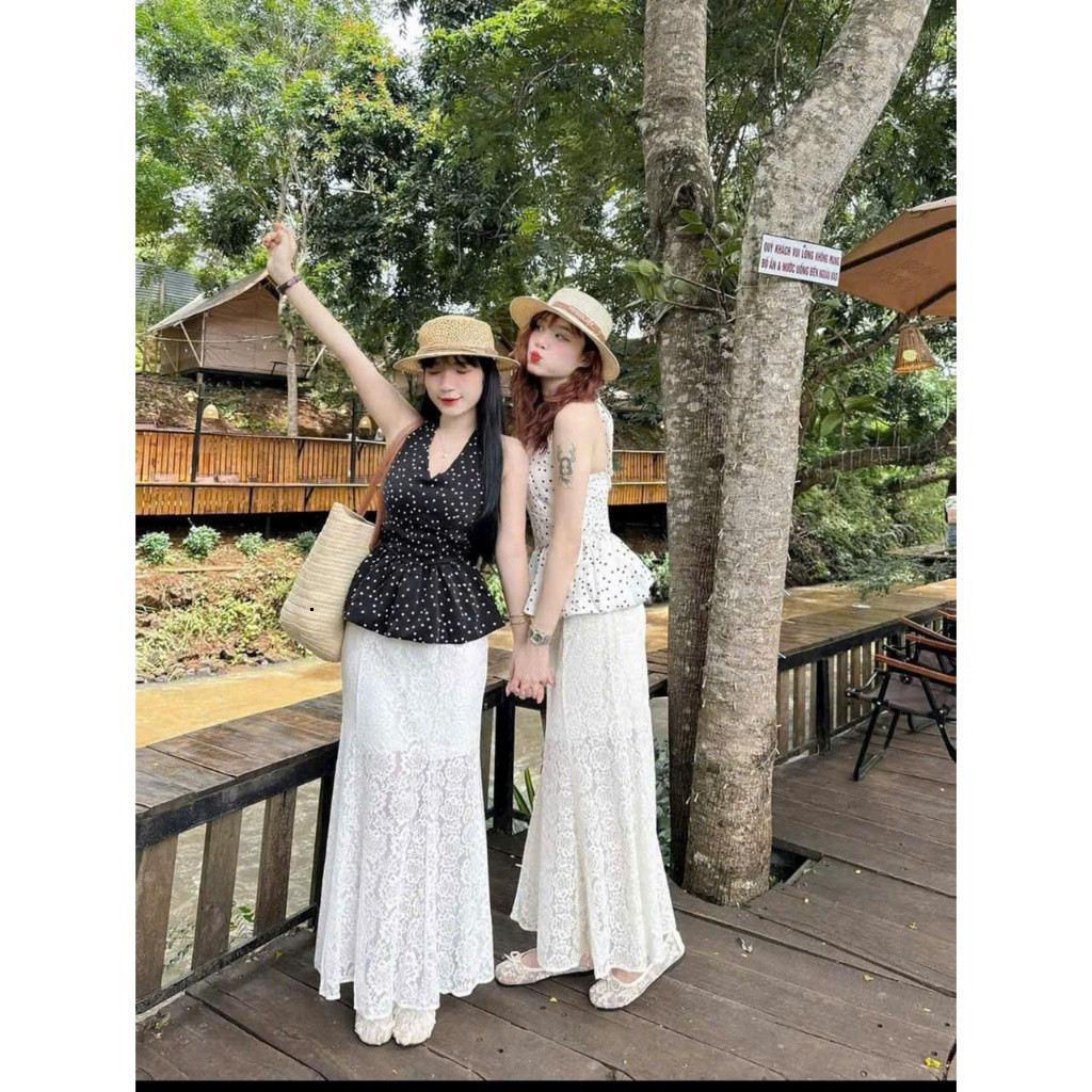 SÉT CẶP CHO CHỊ EM ÁO LỤA CHẤM BI THÂN SAU MOCKING PHỐI CHÂN VÁY REN CÓ LÓT 2 MÀU Y HÌNH