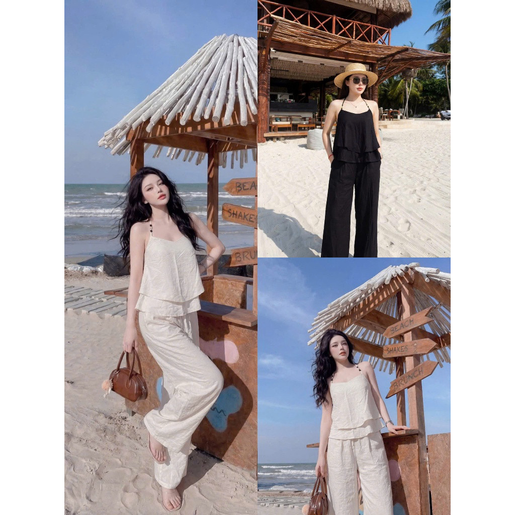Set bộ thời trang nữ chất đũi mềm áo kiểu dây yếm mát mẻ áo tà bèo sành điệu quần ống rộng đi biển thoải mái