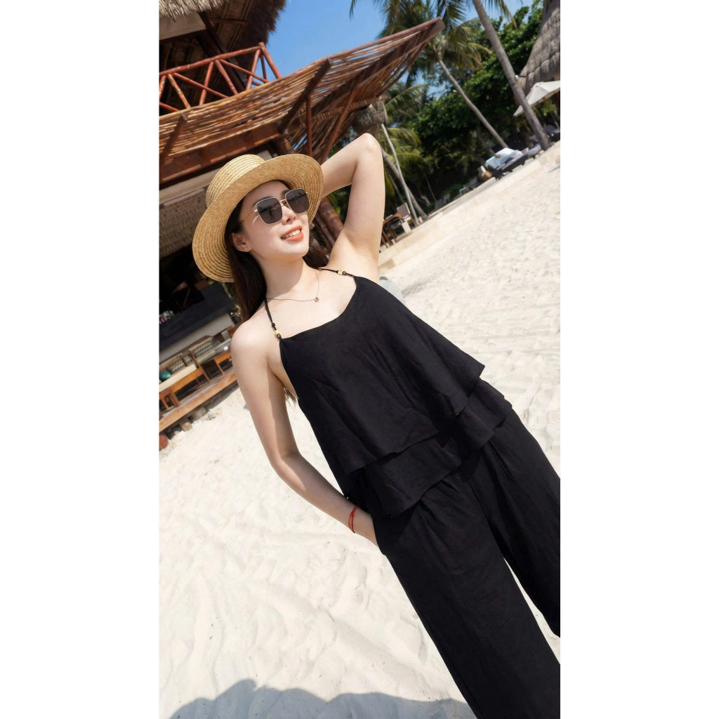 Set bộ thời trang nữ chất đũi mềm áo kiểu dây yếm mát mẻ áo tà bèo sành điệu quần ống rộng đi biển thoải mái