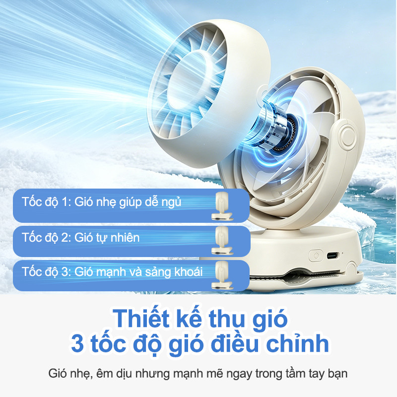 MODOFO 3.000 mAh Quạt tích điện mini để bàn, Quạt kẹp bàn, Kẹp Xe Đẩy xoay 360 độ pin sạc