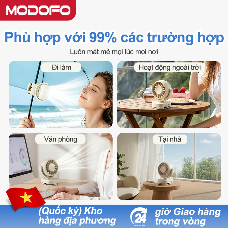 MODOFO 3.000 mAh Quạt tích điện mini để bàn, Quạt kẹp bàn, Kẹp Xe Đẩy xoay 360 độ pin sạc