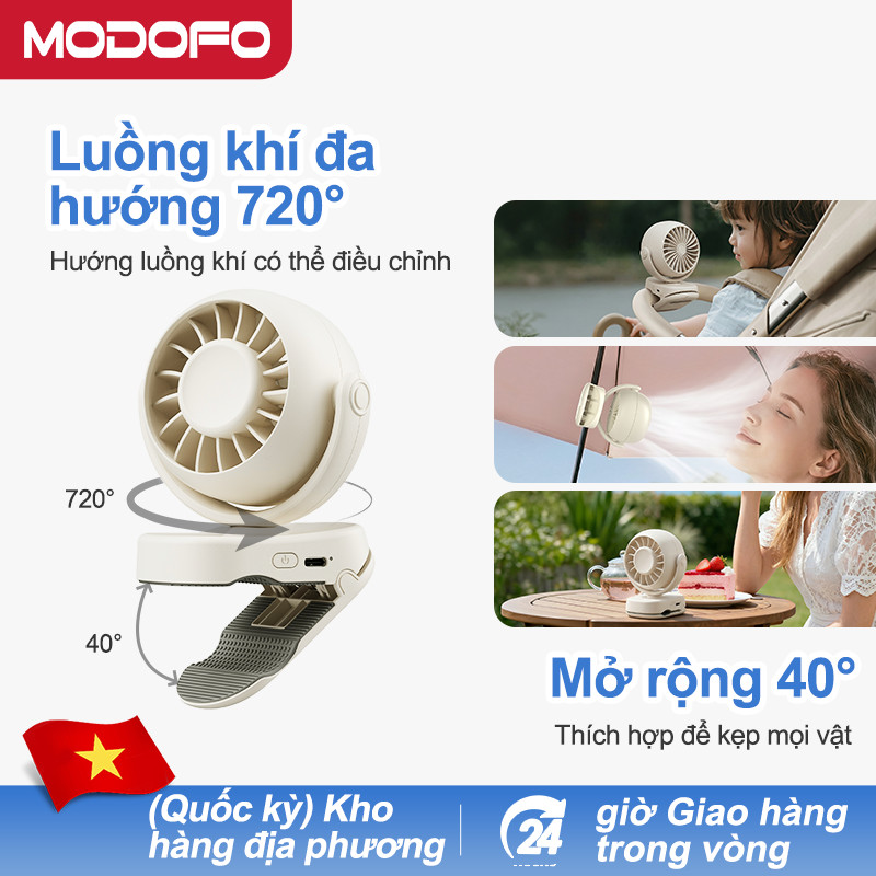 MODOFO 3.000 mAh Quạt tích điện mini để bàn, Quạt kẹp bàn, Kẹp Xe Đẩy xoay 360 độ pin sạc