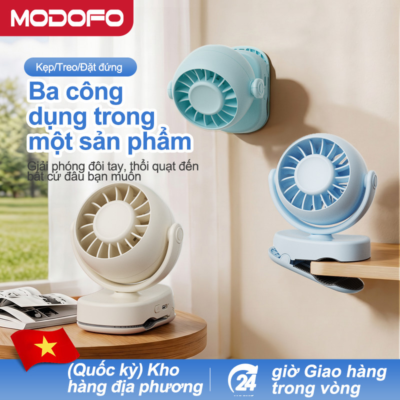 MODOFO 3.000 mAh Quạt tích điện mini để bàn, Quạt kẹp bàn, Kẹp Xe Đẩy xoay 360 độ pin sạc