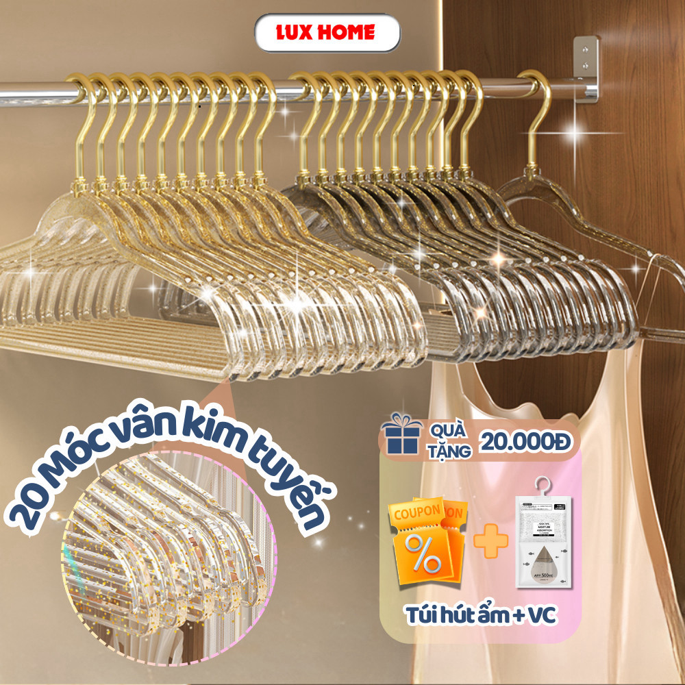 Combo 10 móc treo quần áo trong suốt, mắc quần áo kim tuyến chống trượt đầu móc xoay 360 độ đa năng 05 ntt95