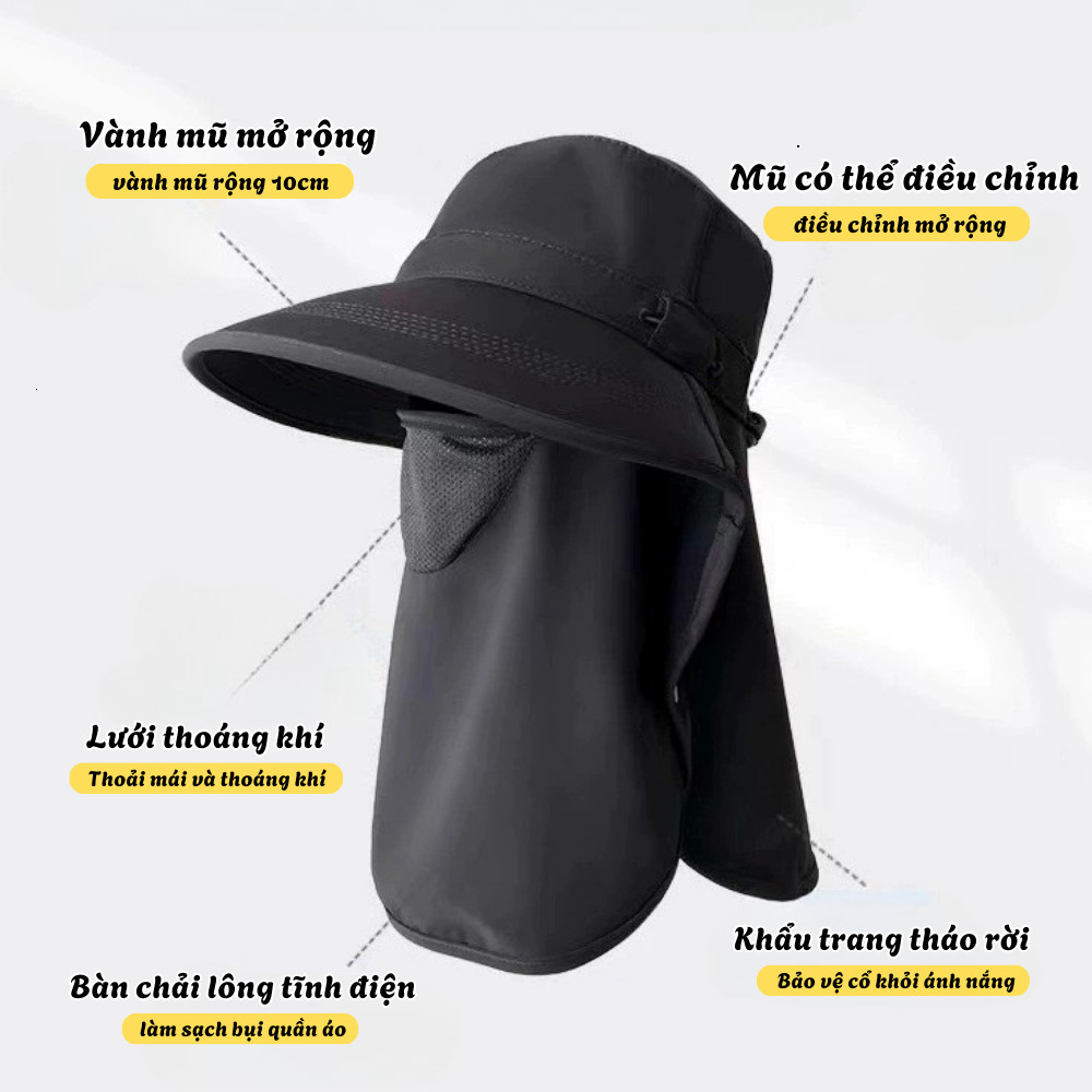 Mũ Chống Nắng Chống 99% Tia UV - Mũ Kèm Khẩu Trang Che Cổ Có Thể Tháo Rời Thoáng Khí, Chống Bụi Hiệu Quả ntt95