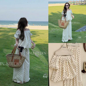 Set Bộ Chấm Bi Áo Ngắn Tay mix Quần Xuông Dài HoangThHa ( Sẵn hàng) Monfashion