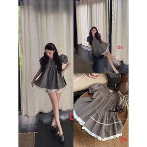Set bộ đùi thời trang nữ dang babydoll chất lenin kẻ sọc áo tay ngắn cổ vuông phối quần short ống rộng viền trắng Monfas