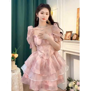 Đầm thời trang nữ chất voan hoa màu tươi mới cổ tròn vuông tay ngắn bồng váy mini xòe tầng đi chơi tiểu thư Monfashion