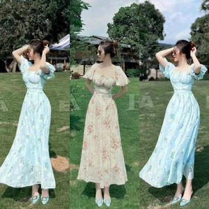 Đầm váy dài - Đầm váy nữ đi chơi, Đầm maxi voan hoa xếp lý nhún ngực có mút tay phồng dáng dài midi tone sáng nhẹ nhàng