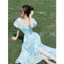 Đầm váy dài - Đầm váy nữ đi chơi, Đầm maxi voan hoa xếp lý nhún ngực có mút tay phồng dáng dài midi tone sáng nhẹ nhàng