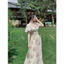 Đầm váy dài - Đầm váy nữ đi chơi, Đầm maxi voan hoa xếp lý nhún ngực có mút tay phồng dáng dài midi tone sáng nhẹ nhàng