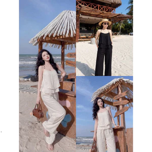 Set bộ thời trang nữ chất đũi mềm áo kiểu dây yếm mát mẻ áo tà bèo sành điệu quần ống rộng đi biển thoải mái Monfashion