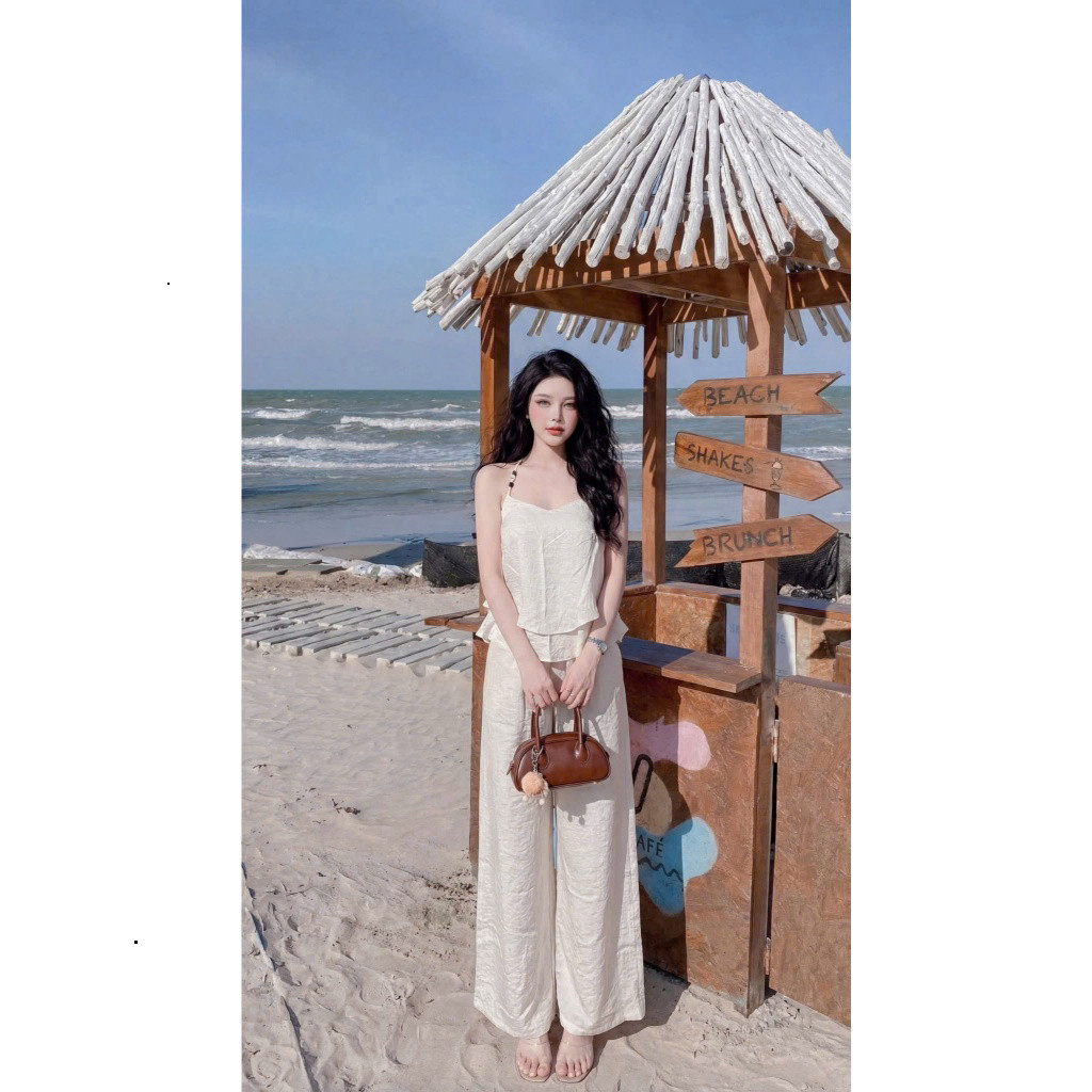 Set bộ thời trang nữ chất đũi mềm áo kiểu dây yếm mát mẻ áo tà bèo sành điệu quần ống rộng đi biển thoải mái Monfashion