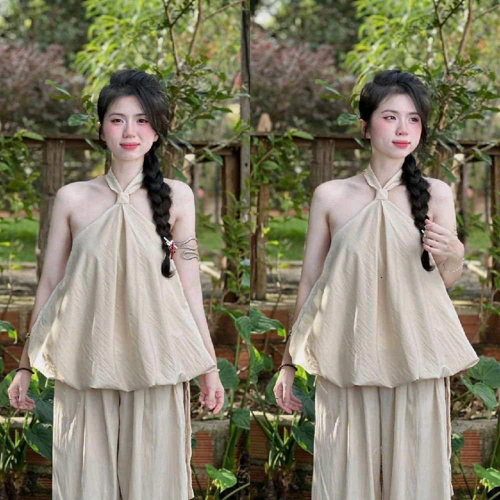 Set bộ áo cổ yếm hở lưng và quần ống rộng chất vải dù đẹp chuẩn hình Monfashion