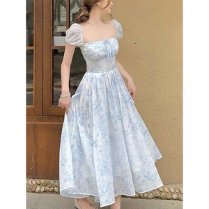 Váy Maxi Hoa Nhí - Đầm Voan Hoa Xanh Dáng Dài Cổ Vuông Tay Bồng Công Chúa Đi Tiệc, Du Lịch Monfashion
