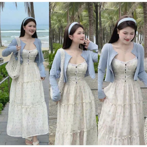 Đầm váy dài, set đầm dài đi biển Lụa Tuyết (có mút ngực) kèm khoác tay dài Thun tăm lạnh Monfashion