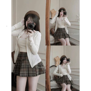 Set váy thời trang nữ hàng chuẩn chỉnh chất áo len ren tay dài kèm lót tinh tế phối chân váy bố dạ caro xòe Monfashion