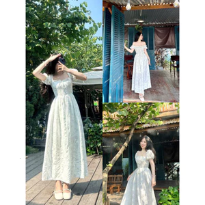 Đầm thời trang nữ diện di du hí vào dịp hè chất mango mịn áo tay ngắn cổ vuông họa tiết in hoa xinh váy dáng xòe Monfash