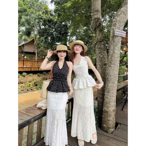 SÉT CẶP CHO CHỊ EM ÁO LỤA CHẤM BI THÂN SAU MOCKING PHỐI CHÂN VÁY REN CÓ LÓT 2 MÀU Y HÌNH Monfashion