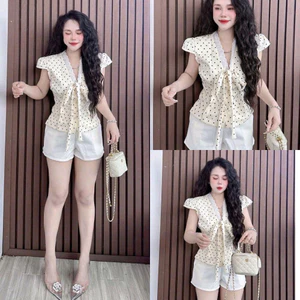Set bộ áo chấm bi viền ren cột nơ kèm quần short kiểu dáng dạo phố đi chơi Monfashion