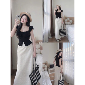 Set váy thời trang nữ style sang chảnh chất vải áo đũi tay búp cổ vuông phối chân váy cotton in chấm bi dáng đuôi cá dài