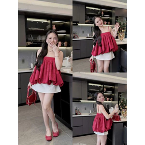 Set váy thời trang nữ chất Gấm kiểu 2 dây form áo rộng bồng bềnh chân váy Kaki chữ A hách dáng thiết kế tiểu thư Monfash