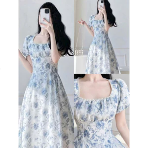 Đầm thời trang nữ chất Voan cao cấp 100% như mẫu mắc áo cổ Vuông tay ngắn phồng in hoa cực trẻ trung váy maxi dáng xoè M