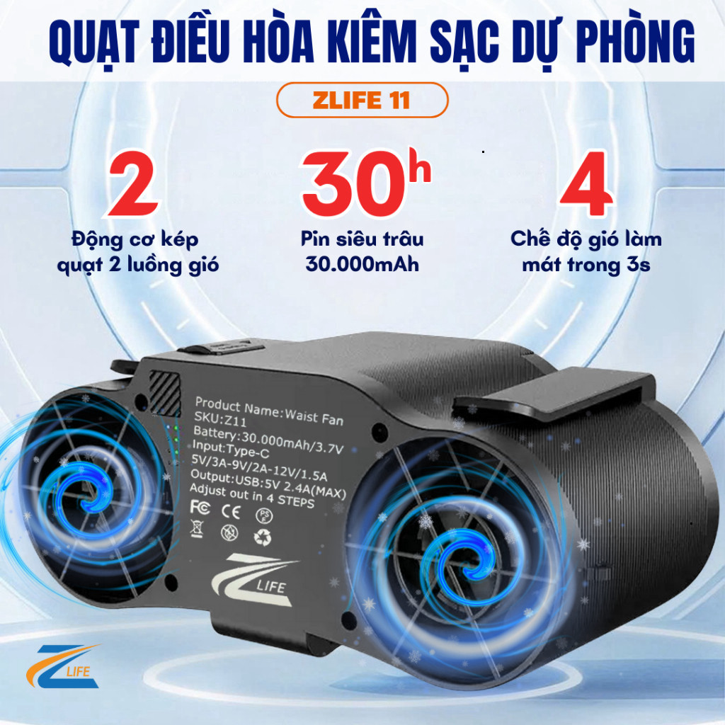 Quạt Đeo Hông Ms-F01, Quạt Cài Thắt Lưng, Đeo Cổ, 2 Luồng Gió Pin 30.000mAh Kiêm Sạc Dự Phòng Tiện Lợi 06 ntt95