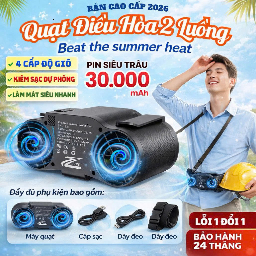Quạt Đeo Hông Ms-F01, Quạt Cài Thắt Lưng, Đeo Cổ, 2 Luồng Gió Pin 30.000mAh Kiêm Sạc Dự Phòng Tiện Lợi 06 ntt95
