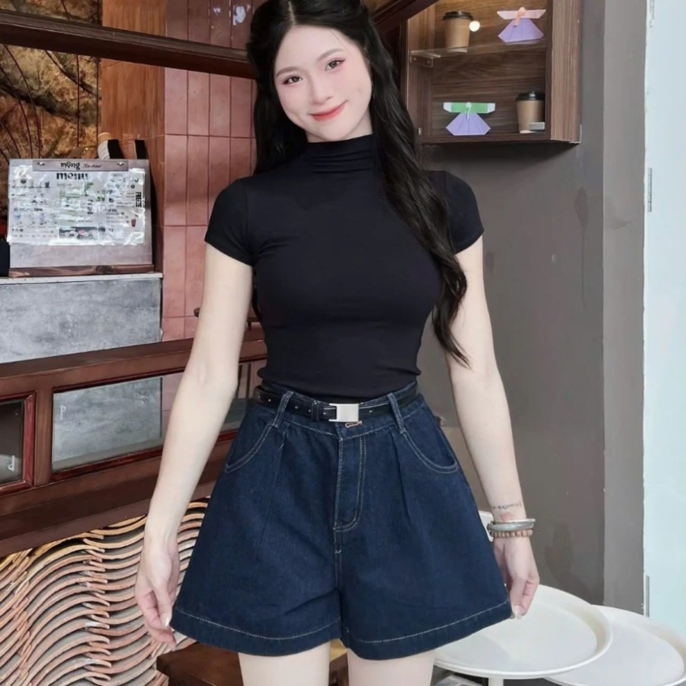 024 Quần Short Jean Nữ Form A Ống Rộng Cạp Trước Thanh Lịch – Chun Sau Co Giãn, Hack Dáng Cực Đỉnh