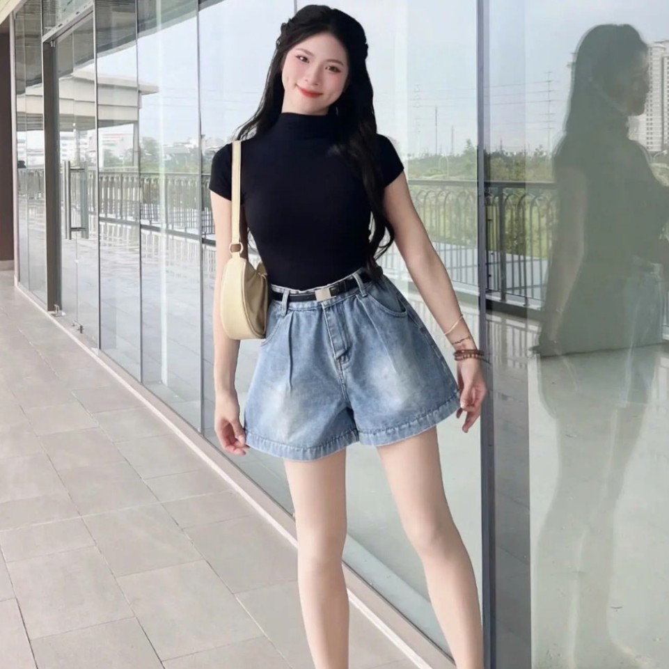 024 Quần Short Jean Nữ Form A Ống Rộng Cạp Trước Thanh Lịch – Chun Sau Co Giãn, Hack Dáng Cực Đỉnh