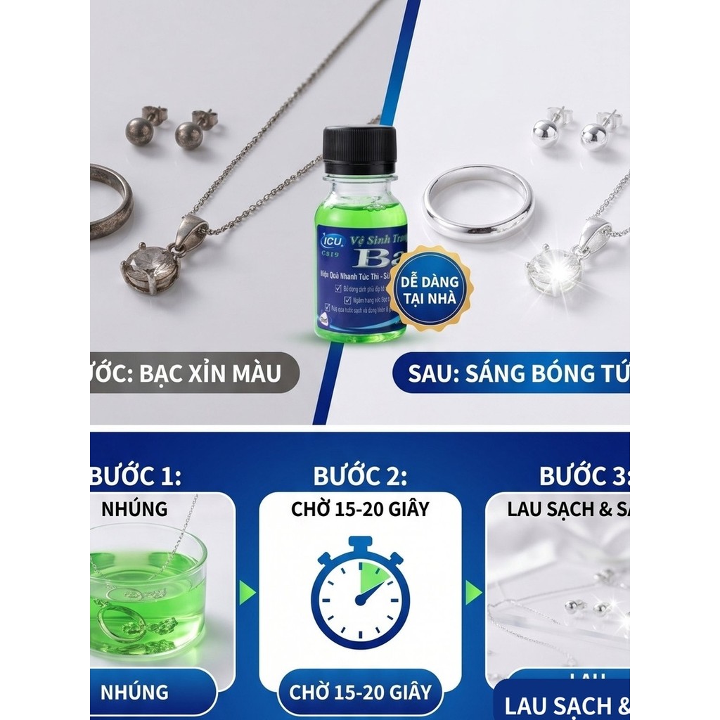 Nước Rửa Bạc Nano Xanh ICU CB19 - Làm Sáng Trang Sức Bạc, Siêu Tiết Kiệm ( 50ml Làm Sạch 1Kg Bạc)