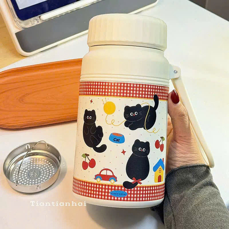 Bình Giữ Nhiệt Lucky Cat 1000ml inox316 Có Lõi Lọc Trà, Quai Sách Tiện Lợi Họa Tiết dễ thương 06 ntt95