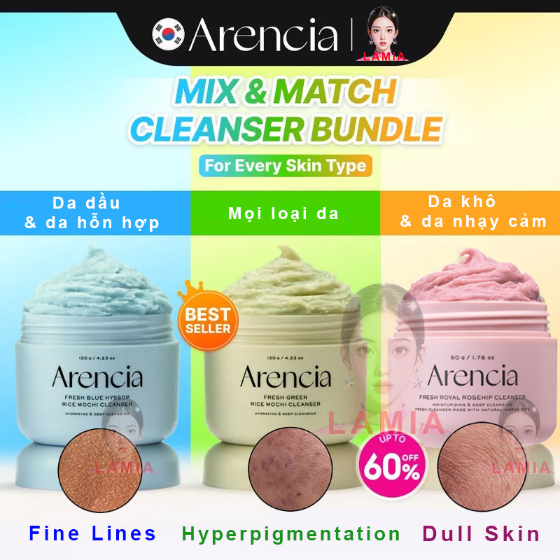 Sữa rửa mặt Arencia Mochi gạo xanh 120g | Arencia Mochi gạo Hyssop Royal Blue  | Arencia Mochi gạo Royal Rosehip