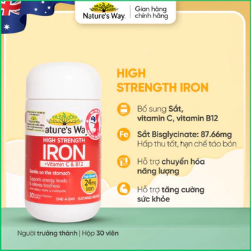 Viên Uống Sắt Hữu Cơ, Sắt Bầu Nature’s Way High Strength Iron Bổ Sung Sắt Bisglycinate Hỗ Trợ Hấp Thu Tốt Hơn -30v