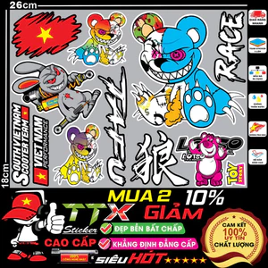 King Decal tem sticker dán gấu quỷ bạo lực ma siêu hót trend - team, tafu, race southvietnam hình trang trí xe đẹp hết ý
