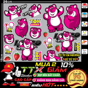 King Decal tem dán xe điện gấu dâu lotso chống nước bao bay màu hot trend dễ thương - team dán xe mọi vị trí