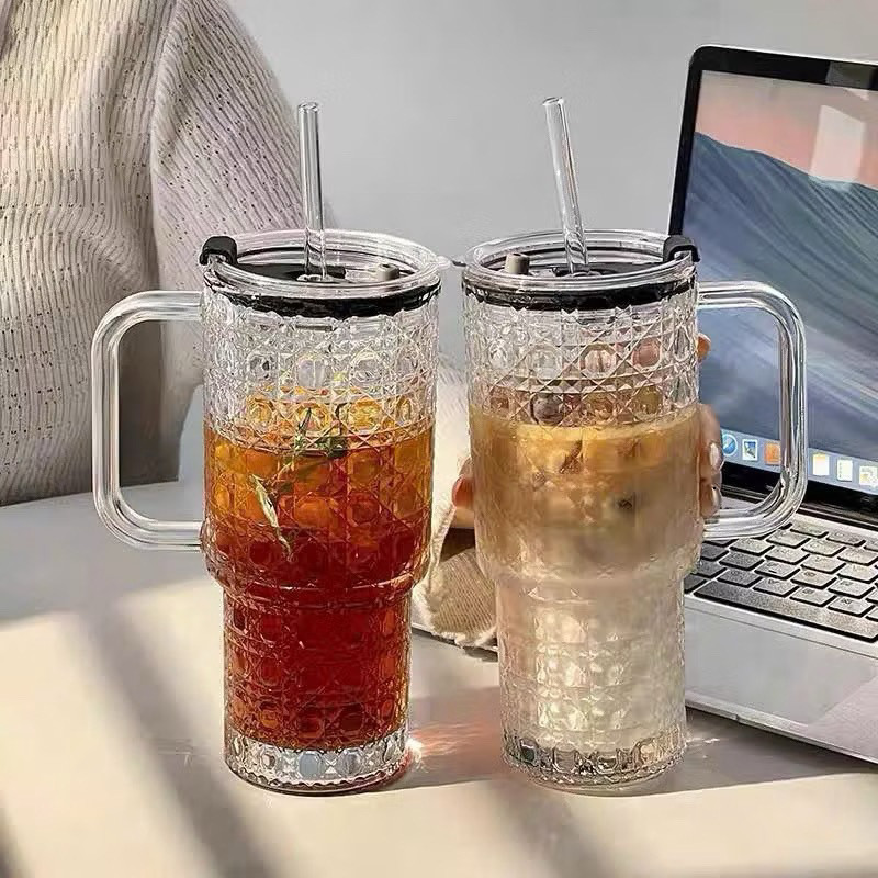 Cốc thuỷ tinh cao cấp 720ml có nắp và ống hút chịu nhiệt tốt, ly thuỷ tinh có quai thiết kế phong cách hiện đại 05