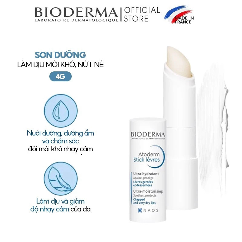 Son dưỡng môi Bioderma Atoderm Levres Stick dưỡng mềm môi khô nẻ dung tích 4gram