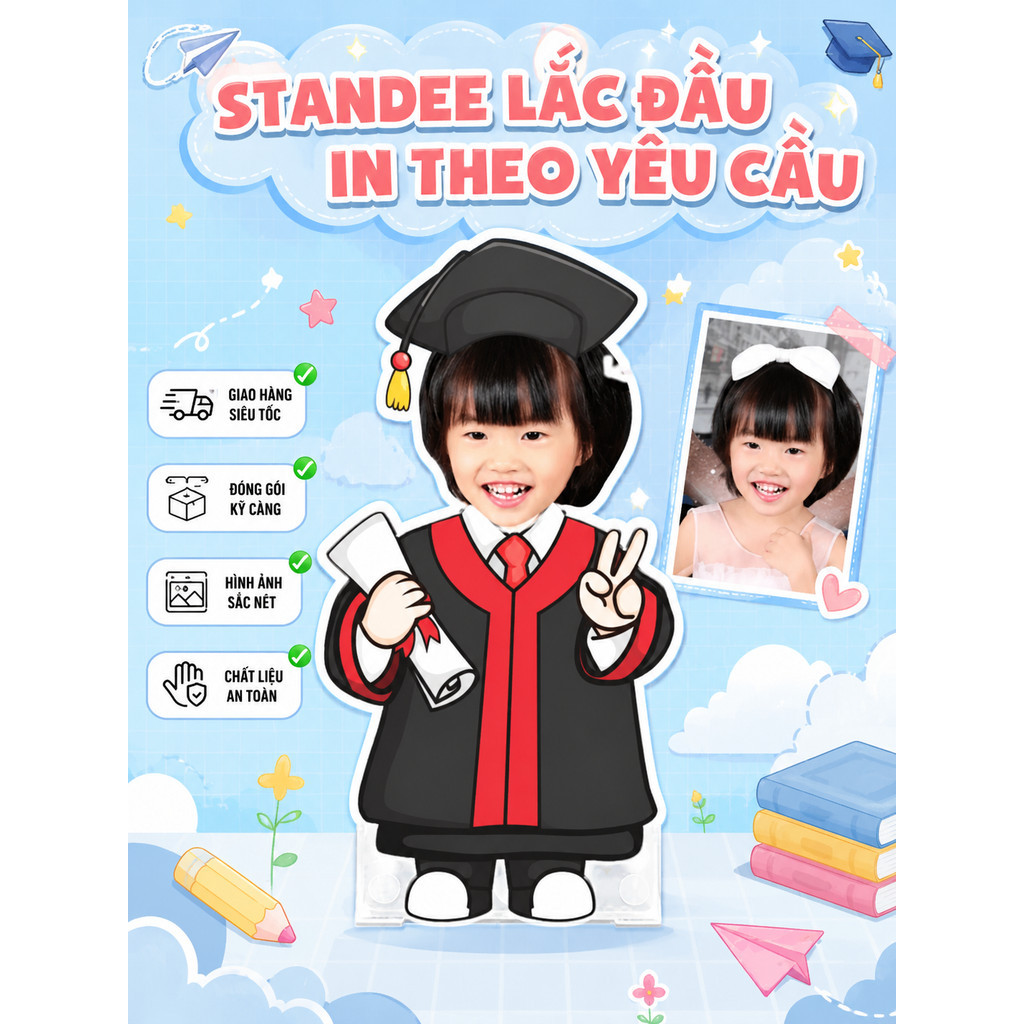 Mô hình standee lắc đầu ghép mặt học sinh tốt nghiệp chụp kỷ yếu in theo yêu cầu, mô hình chạy pin theo yêu cầu Ladagift